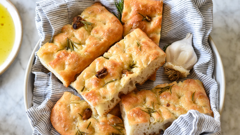 fresh sliced focaccia in basket