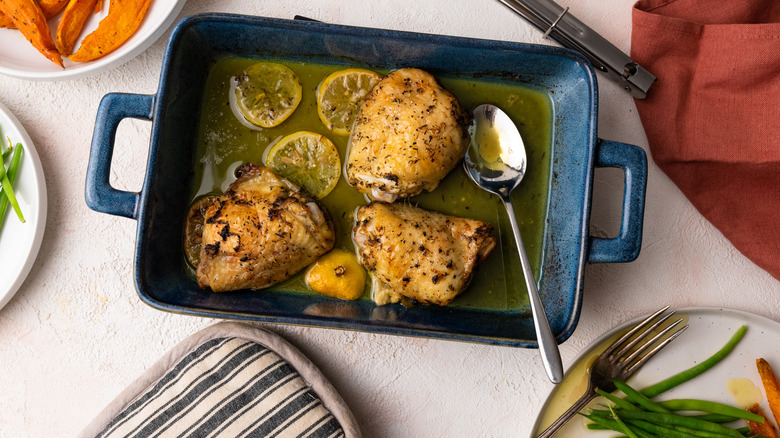 roasted lemon chicken in dish 