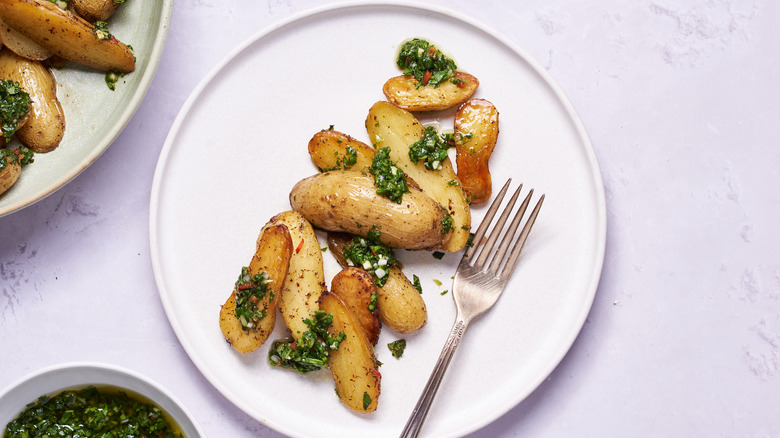 chimichurri potatoes on a plate