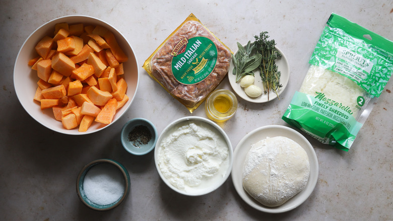 Ingredients for pumpkin and sausage pasta