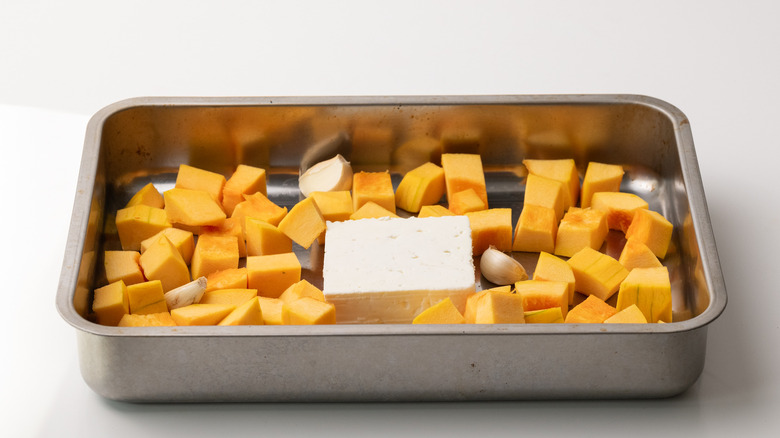 feta and pumpkin in tray