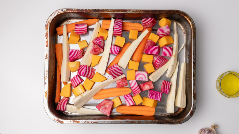 root vegetables in oven tray