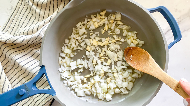 onions and garlic in pan