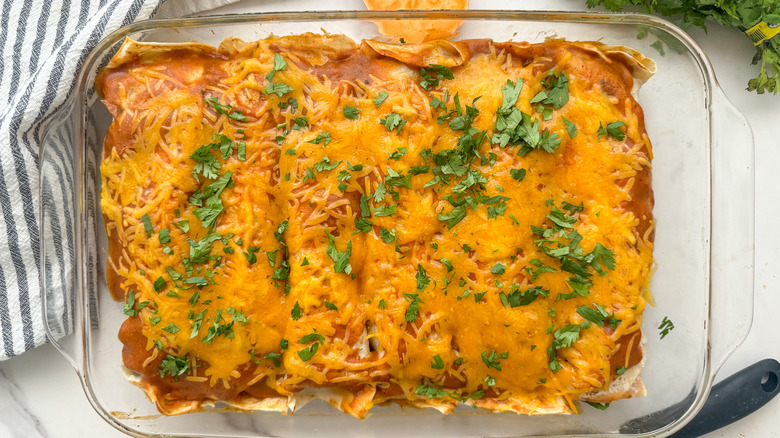 finished enchiladas in baking dish