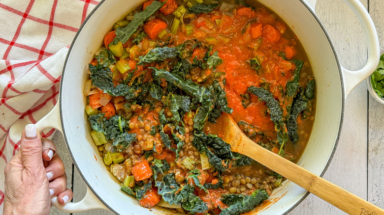 lentil vegetable soup in pot