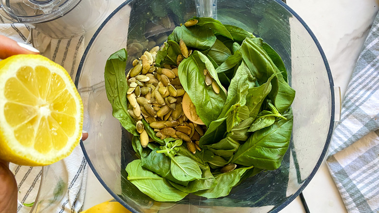 pesto ingredients in food processor