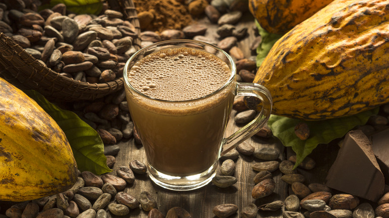 hot chocolate next to cacao beans