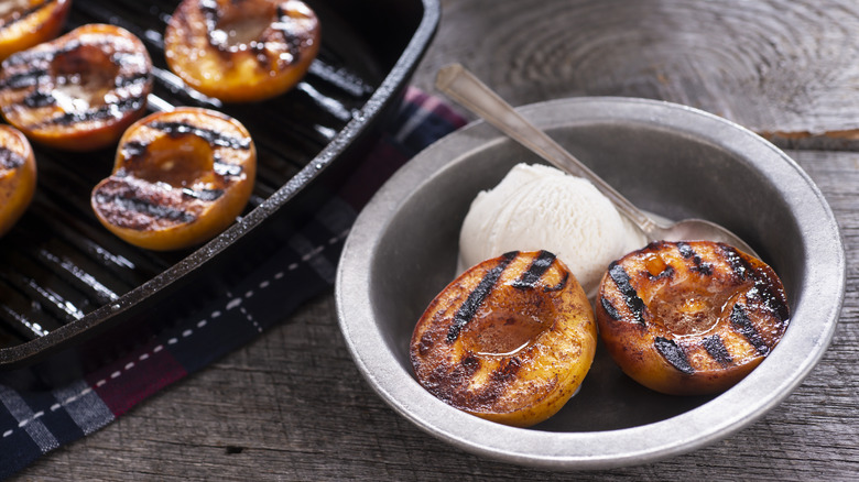 Grilled peaches, vanilla ice cream