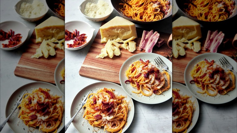 spaghetti carbonara and ingredients