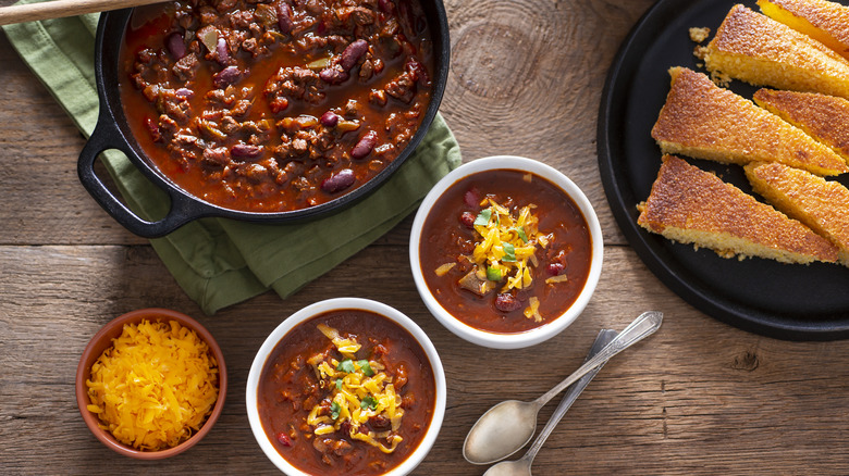 Bowls of chili and corn bread