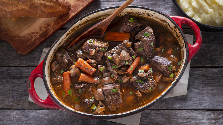 Overview of beef stew in a pot