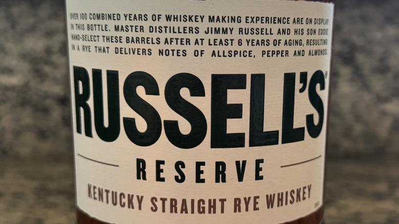 Close view of Russell's Reserve rye label with description