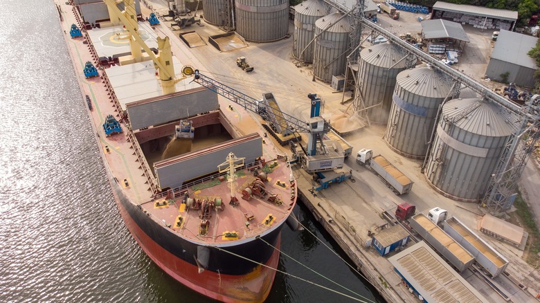 Docked ship being loaded with grain