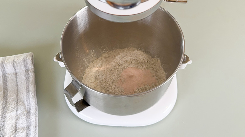 All-purpose flour, rye flour, and salt in a stand mixer bowl