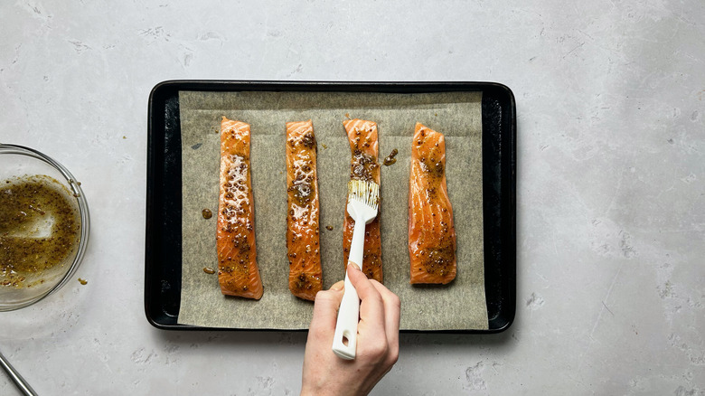 glazing salmon on sheet tray