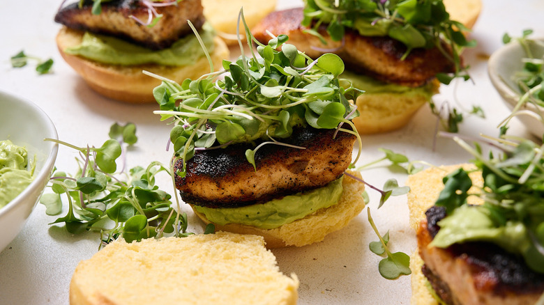 salmon topped with microgreens