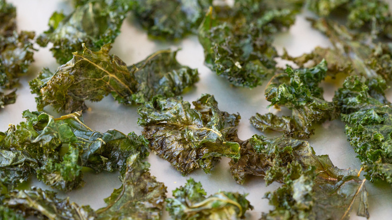 salt and vinegar kale chips on sheet 