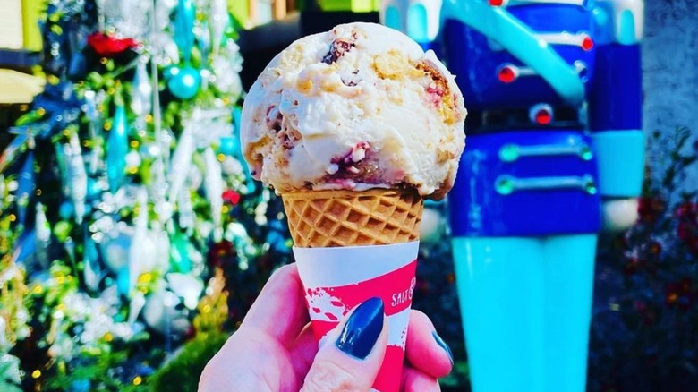 Hand holding a Salt & Straw holiday ice cream cone