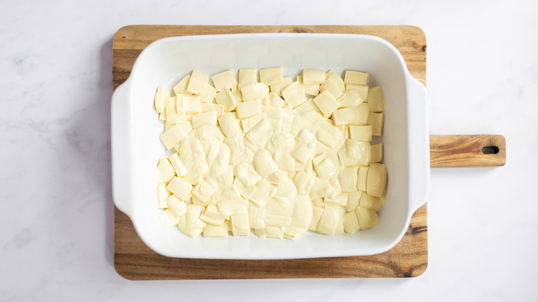 melted white chocolate on tray 