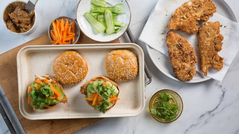 Chicken sandwiches on platter