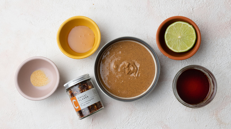 ingredients for peanut sauce on table 