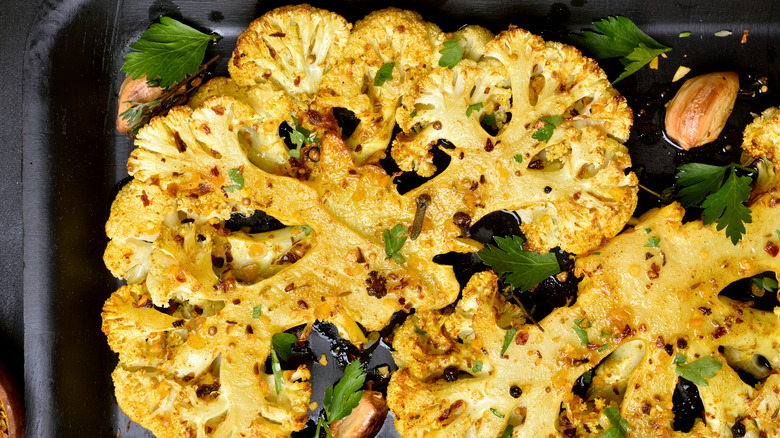 roasted cauliflower on a baking sheet