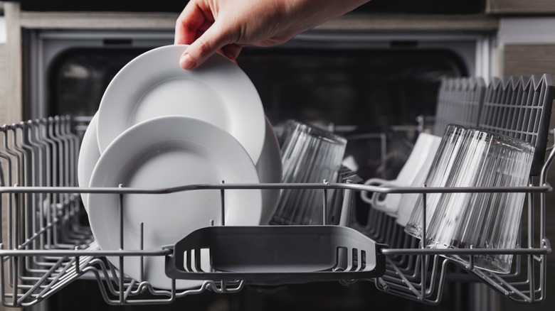 hands loading a dishwasher