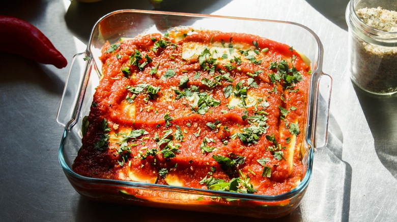 lasagna in a glass baking dish