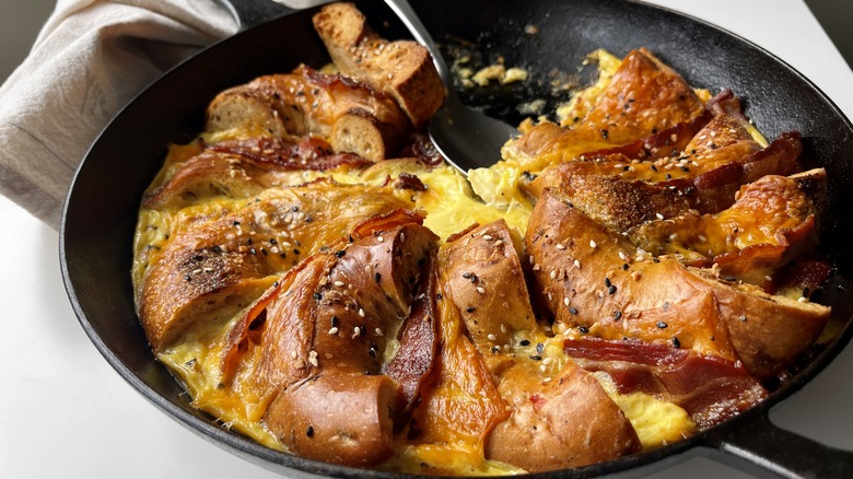 baked bagel casserole in pan