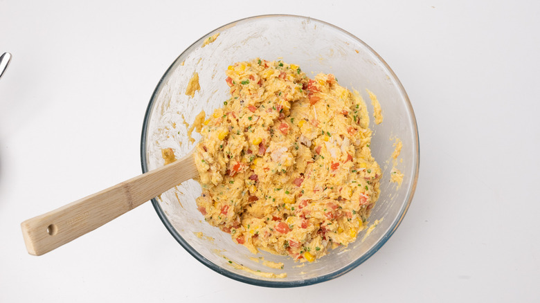 Crab cornbread batter in bowl