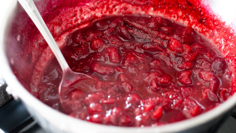 cooked cranberry sauce in pot