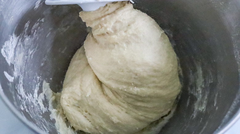 dough on hook in stand mixer