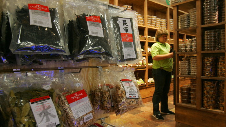 Bags of dried seaweed in a store