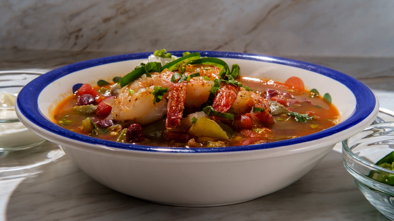 chili with shrimp in bowl