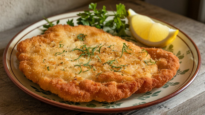 plate of cutlets with lemon and green garnish
