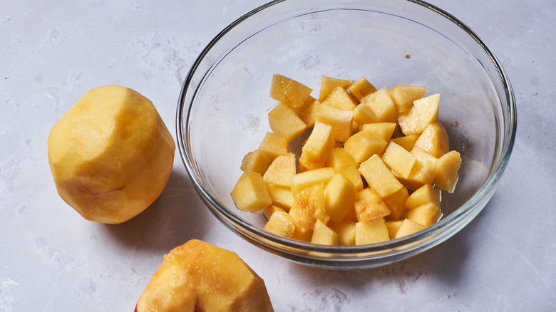 diced peaches in bowl