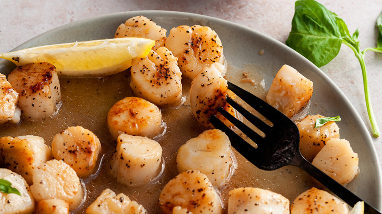 scallops on plate with fork