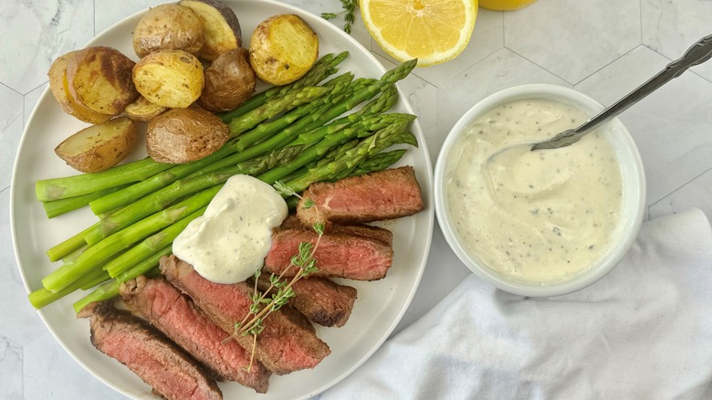 steak and vegetables on plate