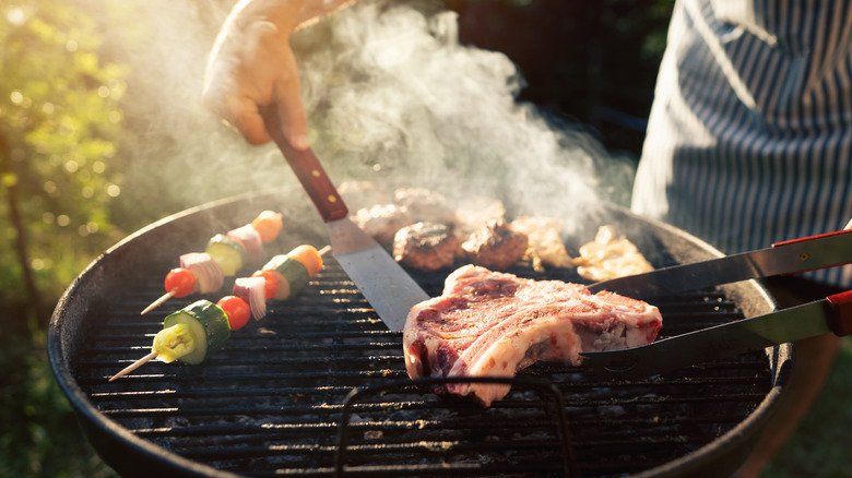 charcoal grill meat and vegetables