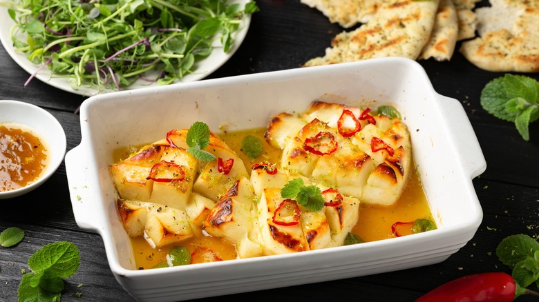 baked halloumi with hot honey