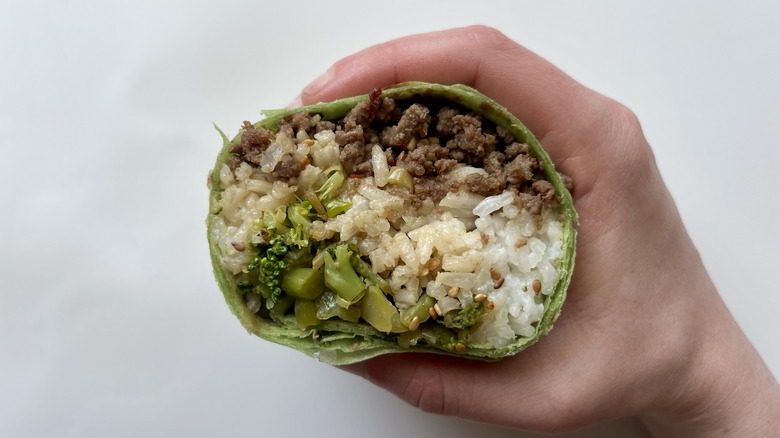 closeup beef broccoli rice wrap