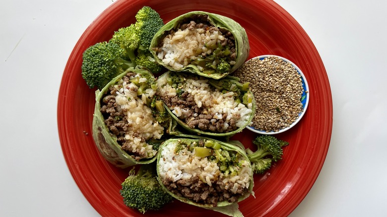 sesame beef wraps on plate