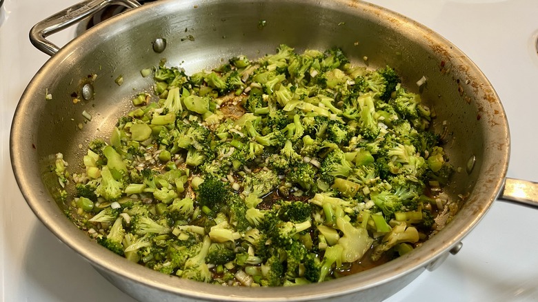 broccoli and scallions in skillet