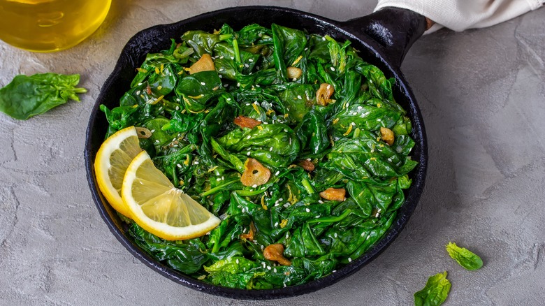 Sauteed spinach in a skillet