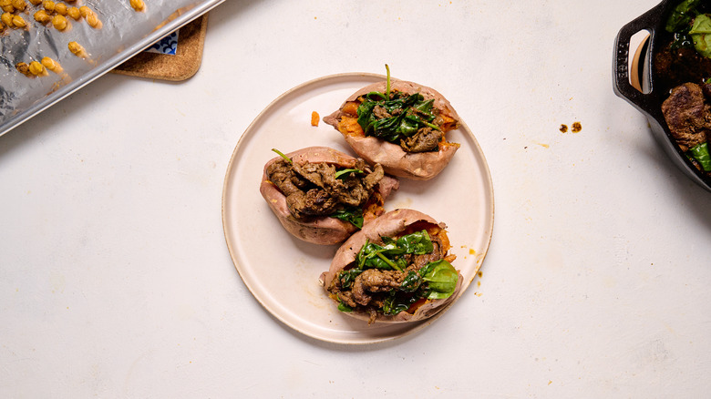 beef and spinach in sweet potato