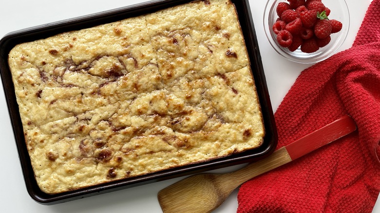 rectangular pancake with raspberries