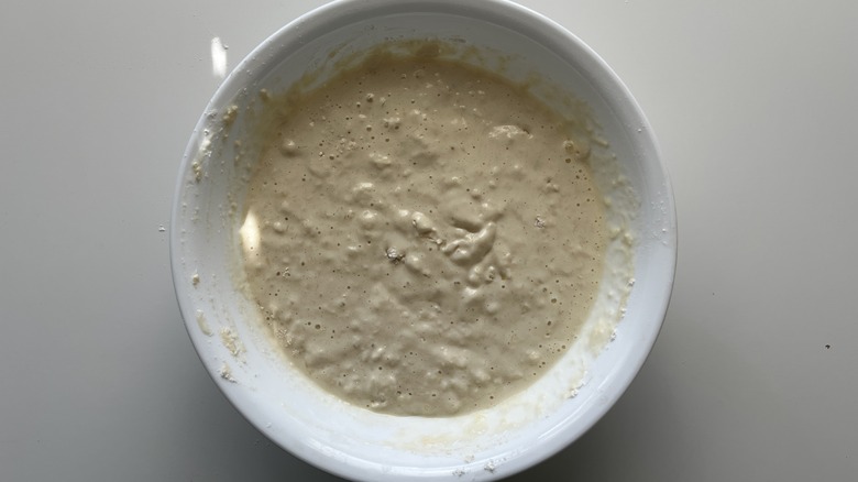 pancake batter in white bowl