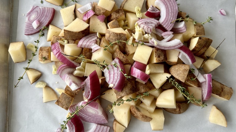 chopped raw potatoes and onions