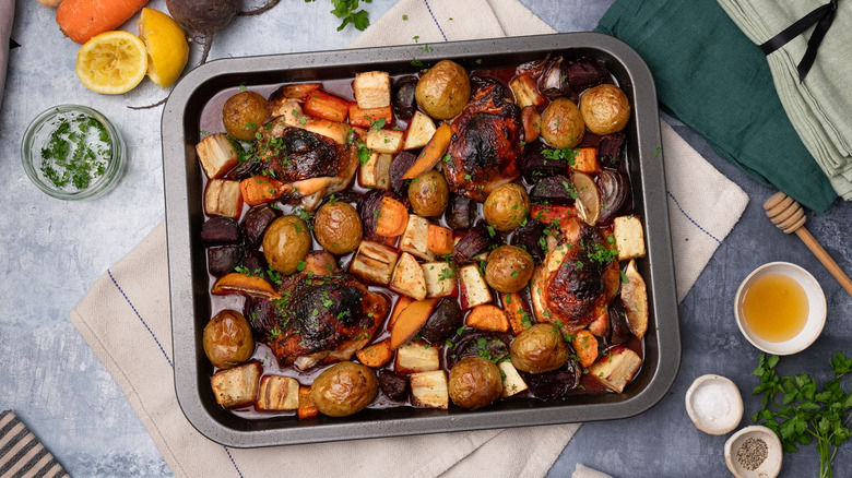 sheet pan roasted honey lemon chicken and vegetables