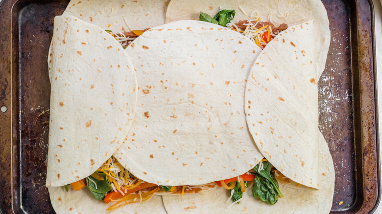 sheet pan quesadillas being prepped